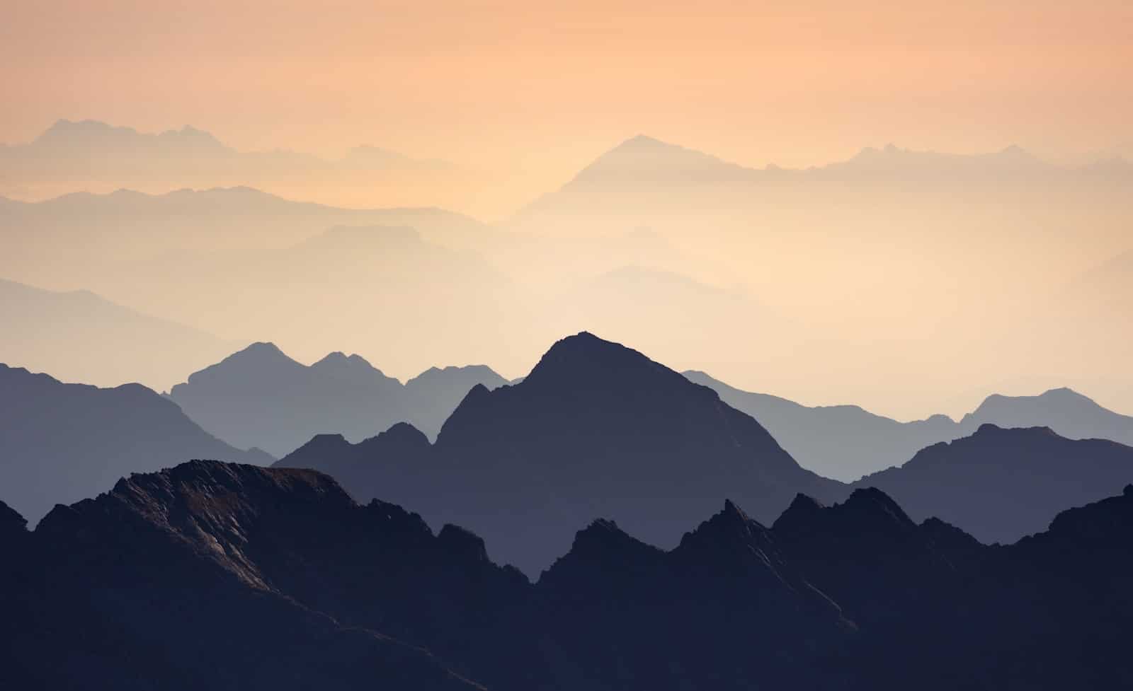 A bird flying over a mountain range at sunset
